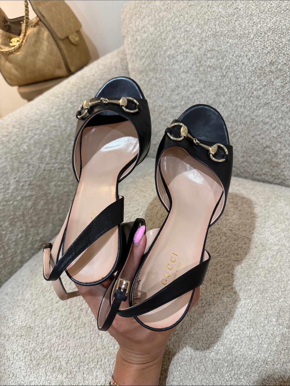 Gucci Black Leather Platform Slingback Sandals with Gold Horsebit - Picture 4 of 5